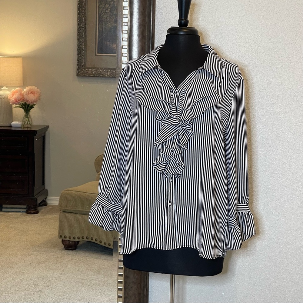 Karl Lagerfeld Paris Striped Ruffle Top XL